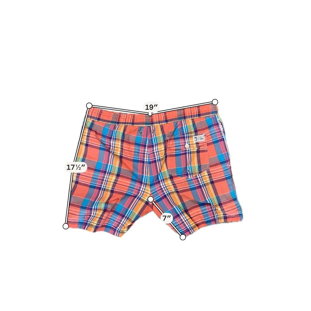 Polo Ralph Lauren Mens Madras Plaid Swim Trunks Multi Color Orange Blue Large